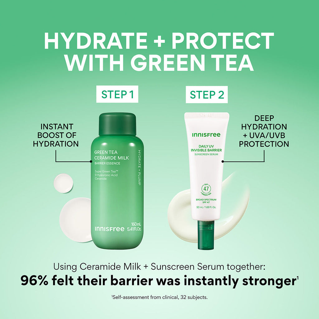 Daily UV Invisible Barrier Sunscreen Serum Broad Spectrum SPF 47 with Green Tea hydrate + protect with green tea