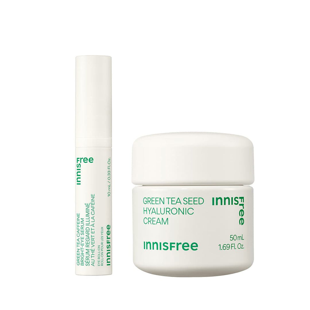 wildly hydrating duo packshot: green tea caffeine eye serum and green tea cream