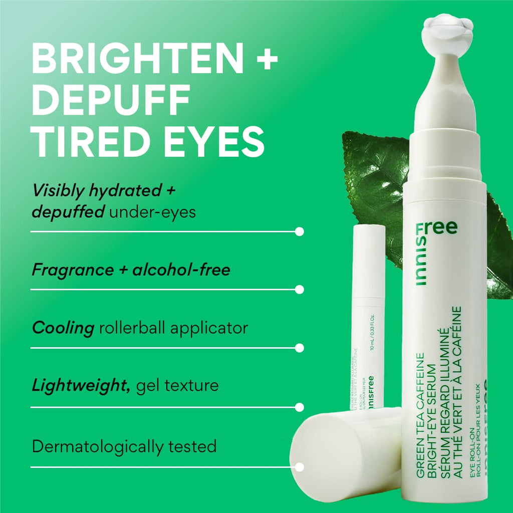Green Tea Caffeine Bright-Eye Serum helps brighten and depuff tired eyes benefits