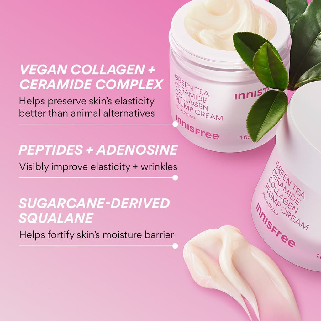 collagen cream ingredients: vegan collagen and ceramide complex, peptides and adenosine, sugarcane-derived squalane